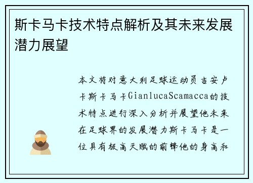 斯卡马卡技术特点解析及其未来发展潜力展望