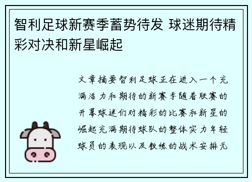 智利足球新赛季蓄势待发 球迷期待精彩对决和新星崛起